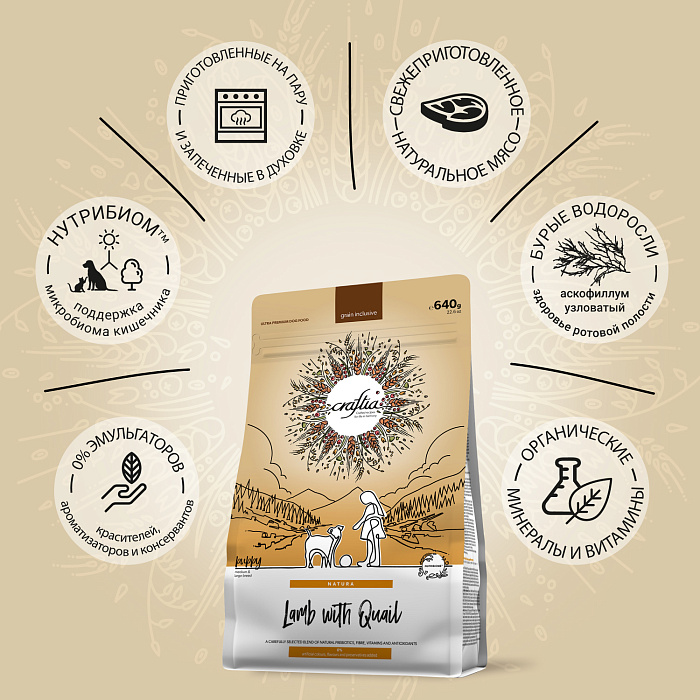 Сухой корм CRAFTIA NATURA для щенков средних и крупных пород из ягненка с перепелкой 640 г