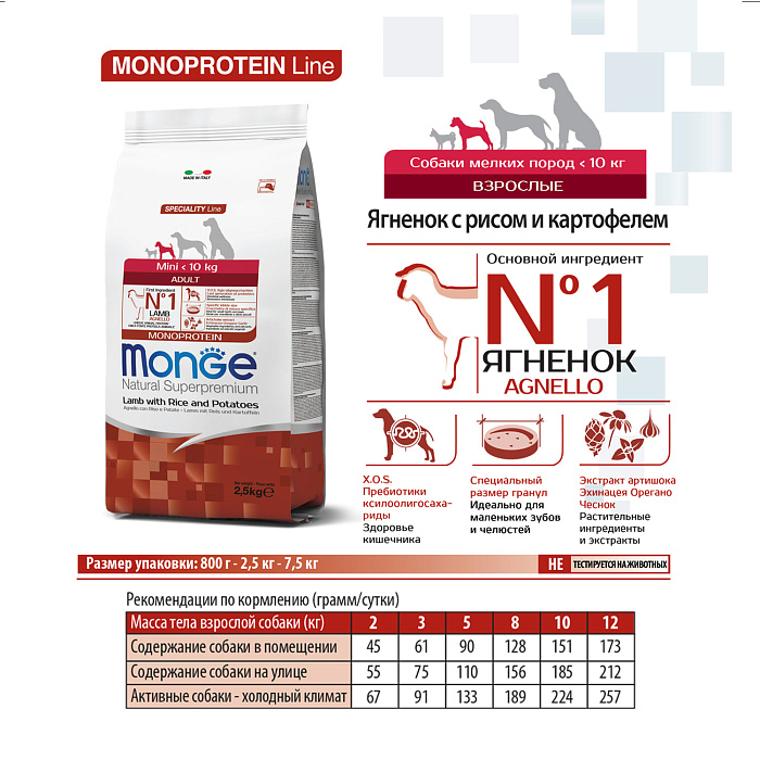 Сухой корм Monge Dog Speciality Line Monoprotein Mini для взрослых собак мелких пород, из ягненка с рисом и картофелем 800 г