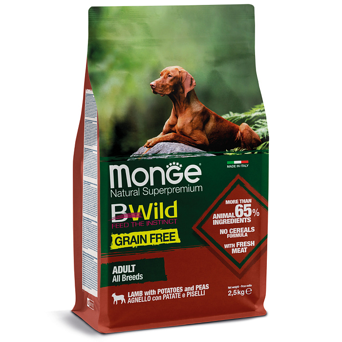 Сухой корм Monge Dog BWild GRAIN FREE для собак, беззерновой, из мяса ягненка с картофелем 2,5 кг