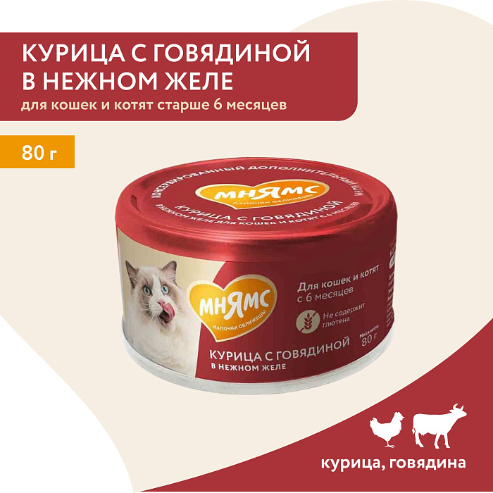 Влажный дополнительный корм Мнямс На каждый день для кошек и котят старше 6 месяцев "курица с говядиной в нежном желе" 80 г