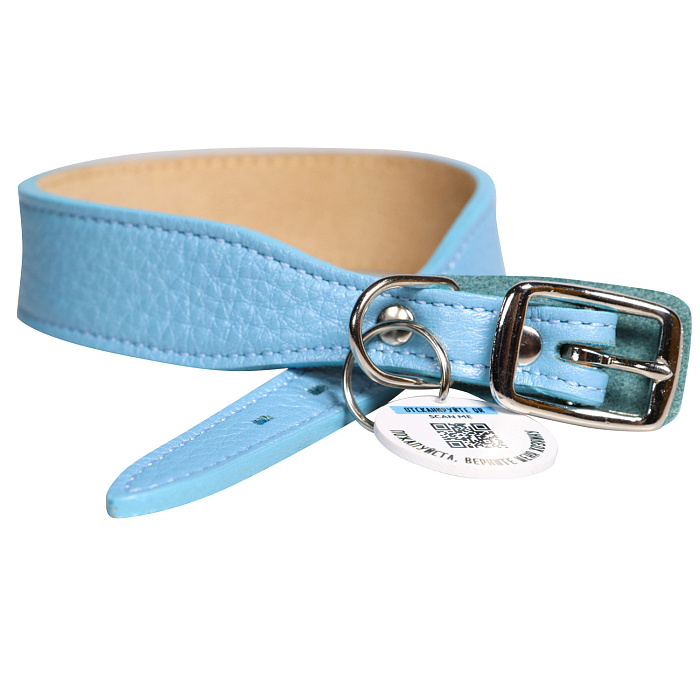 Ошейник Mr.Kranch для собак из натуральной кожи с QR-адресником 33-40см нежно-голубой СКИДКА 40%