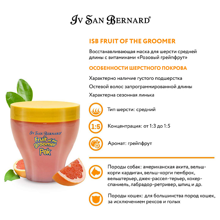 ISB Fruit of the Groomer Pink Grapefruit Восстанавливающая маска для шерсти средней длины с витаминами 250 мл