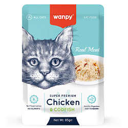 Wanpy Cat Пауч для кошек из курицы и трески 85 г
