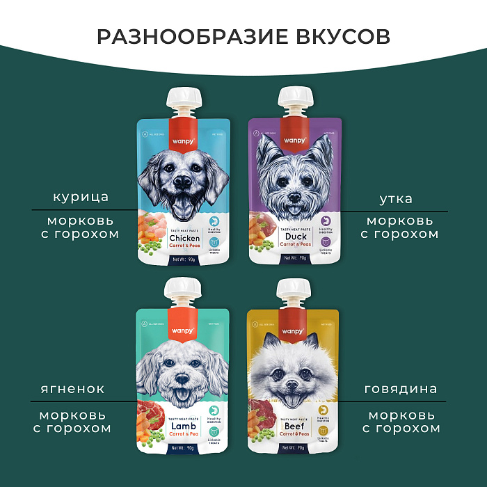 Wanpy Dog Лакомство для собак Мясной мусс из ягненка и моркови с горохом 90 г