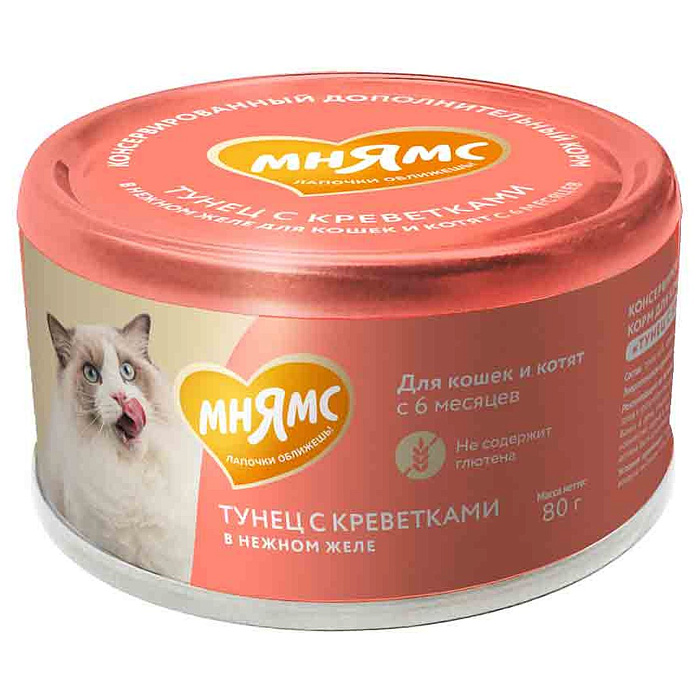 Влажный дополнительный корм Мнямс На каждый день для кошек и котят старше 6 месяцев "тунец с креветками в нежном желе" 80 г