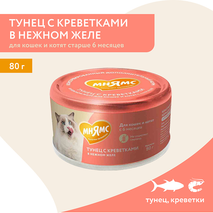 Влажный дополнительный корм Мнямс На каждый день для кошек и котят старше 6 месяцев "тунец с креветками в нежном желе" 80 г