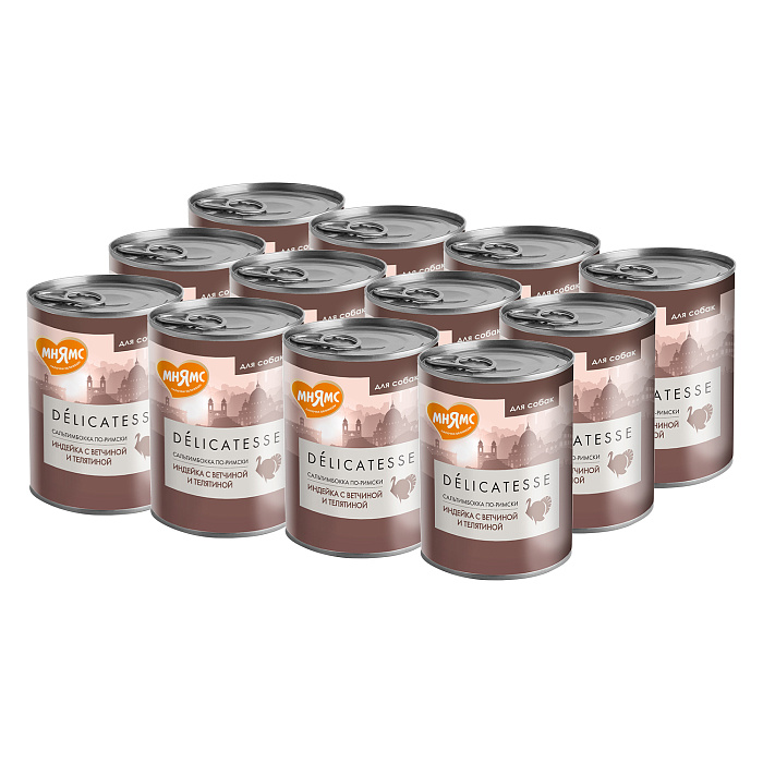 Влажный корм Мнямс Деликатес Паштет из индейки с ветчиной и телятиной для собак всех пород "Сальтимбокка по-римски" 400 г