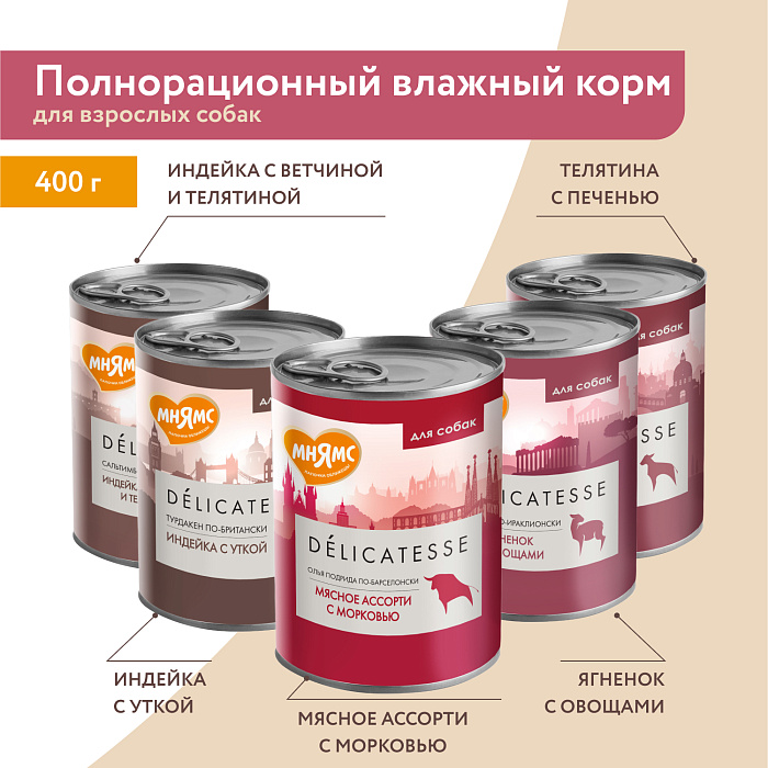 Влажный корм Мнямс Деликатес Паштет из индейки с ветчиной и телятиной для собак всех пород "Сальтимбокка по-римски" 400 г