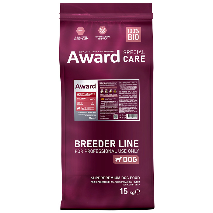 Сухой корм AWARD PFB SPECIAL CARE Sensitive Digestion для взрослых собак всех пород с чувствительным пищеварением со свежим мясом ягненка  15кг