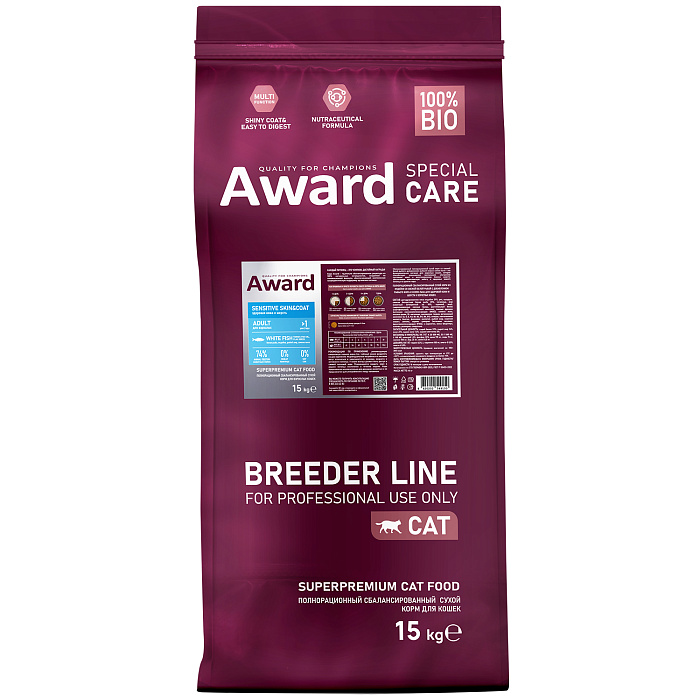Сухой корм AWARD SPECIAL CARE Sensitive Skin&Coat для взрослых кошек для здоровой кожи и шерсти со свежей белой рыбой 15кг