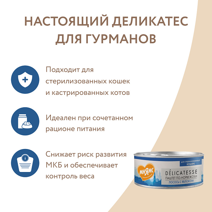 Влажный корм Мнямс Деликатес Лосось с яблоком для стерилизованных кошек "Паштет по-норвежски" 100 г