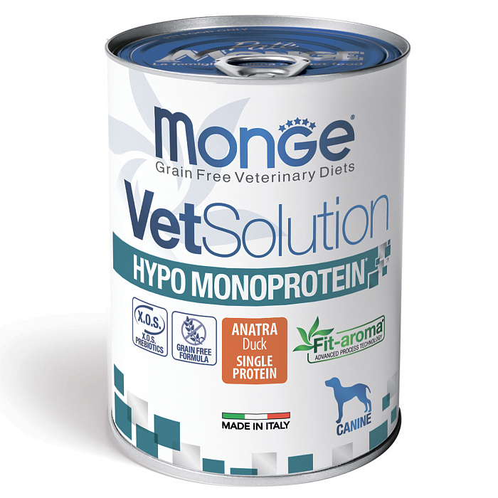 Диетический корм Monge VetSolution Dog Hypo Monoprotein DUCK Гипо монопротеин с уткой для собак для снижения реакции пищевой непереносимости 400 г