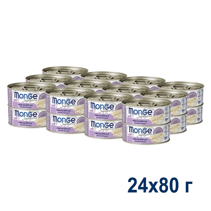 Влажный корм Monge Supreme sterilized для стерилизованных кошек из тунца с морским окунем, консервы 80 г