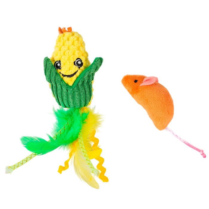 Игрушка Mr.Kranch для кошек Кукурузка и Мышка плюшевая с кошачьей мятой и перышками 19 см желтая