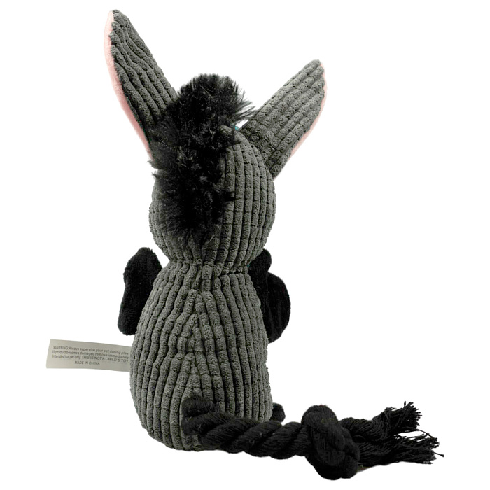 Игрушка Mr.Kranch для собак Ослик плюшевая с канатиками пищалкой и карманом под лакомство 21 см серая