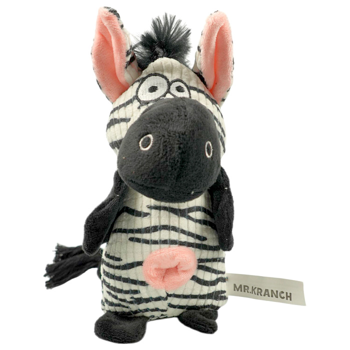 Игрушка Mr.Kranch для собак Зебра плюшевая с канатиками пищалкой и карманом под лакомство 21 см белая