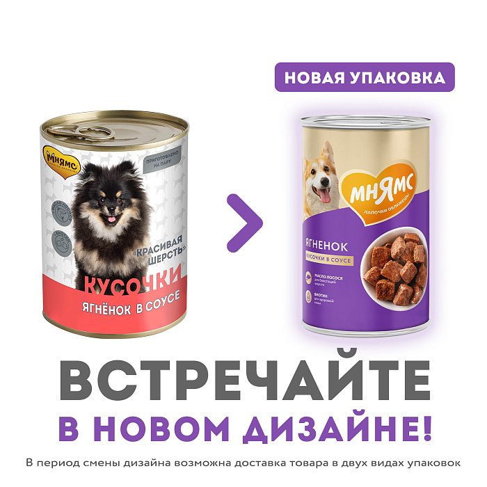 Влажный корм Мнямс На каждый день Кусочки в соусе с ягненком для собак «КРАСИВАЯ ШЕРСТЬ» 400 г