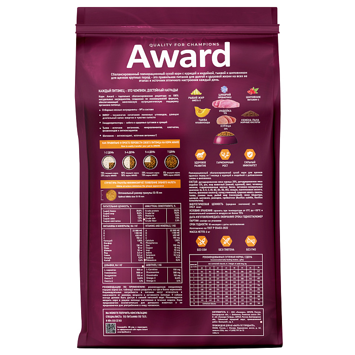 Сухой корм AWARD для щенков от 1 месяца крупных пород с курицей и индейкой с добавлением тыквы и шиповника 2кг