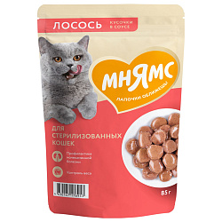 Влажный корм Мнямс На каждый день Кусочки в соусе с лососем для стерилизованных кошек 85 г