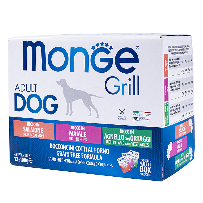 Влажный корм Monge Dog Grill для собак с лососем, со свининой, с ягненком и овощами, бокс с паучами 12 шт х 100 г