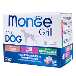 Влажный корм Monge Dog Grill для собак с лососем, со свининой, с ягненком и овощами, бокс с паучами 12 шт х 100 г