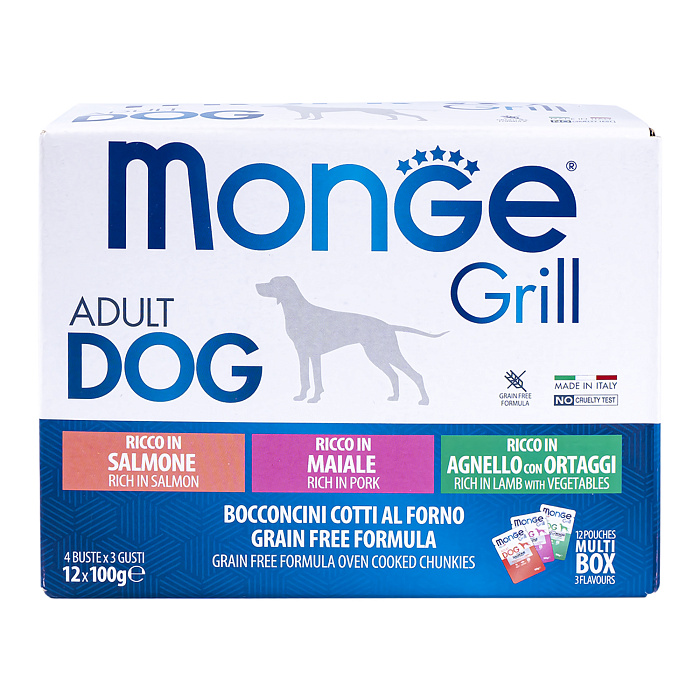 Влажный корм Monge Dog Grill для собак с лососем, со свининой, с ягненком и овощами, бокс с паучами 12 шт х 100 г
