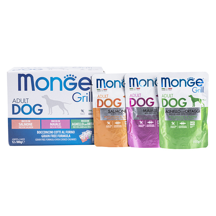 Влажный корм Monge Dog Grill для собак с лососем, со свининой, с ягненком и овощами, бокс с паучами 12 шт х 100 г
