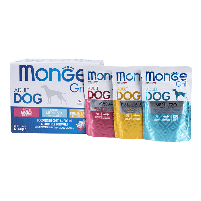 Влажный корм Monge Dog Grill для собак с говядиной, с треской, с курицей и индейкой, бокс с паучами 12 шт х 100 г