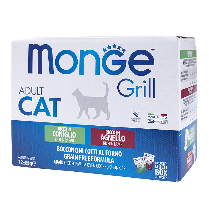 Влажный корм Monge Cat Grill для взрослых кошек с кроликом, с ягненком, бокс с паучами 12 шт х 85 г