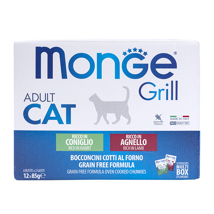 Влажный корм Monge Cat Grill для взрослых кошек с кроликом, с ягненком, бокс с паучами 12 шт х 85 г