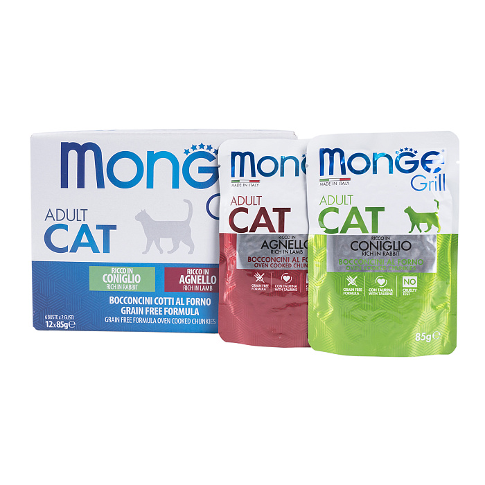 Влажный корм Monge Cat Grill для взрослых кошек с кроликом, с ягненком, бокс с паучами 12 шт х 85 г