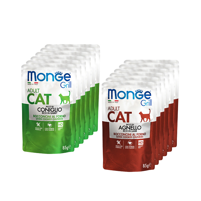 Влажный корм Monge Cat Grill для взрослых кошек с кроликом, с ягненком, бокс с паучами 12 шт х 85 г