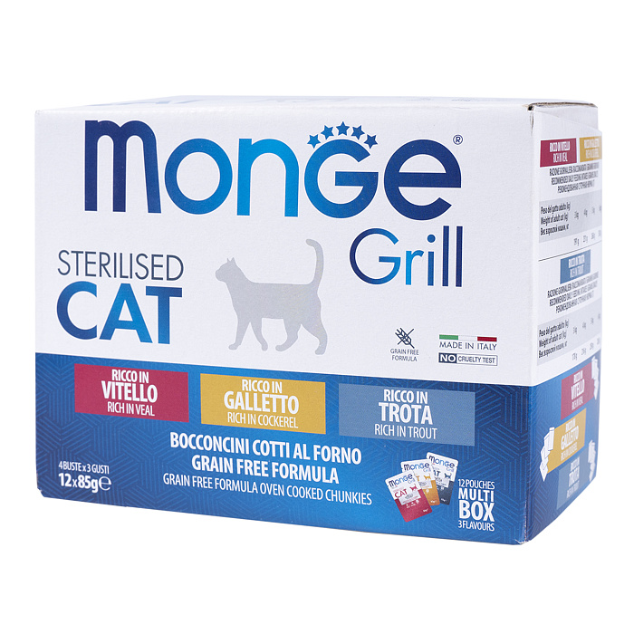 Влажный корм Monge Cat Grill для стерилизованных кошек с телятиной, с курицей, с форелью, бокс с паучами 12 шт х 85 г