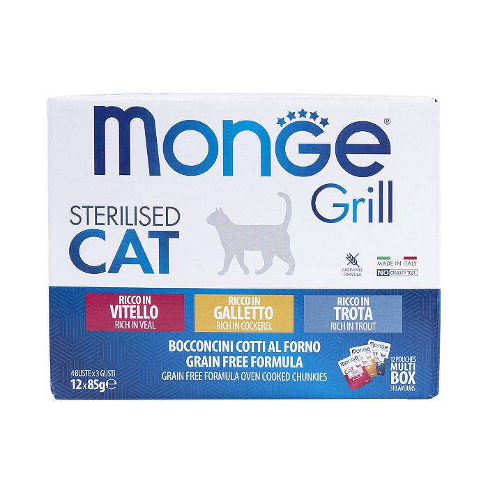 Влажный корм Monge Cat Grill для стерилизованных кошек с телятиной, с курицей, с форелью, бокс с паучами 12 шт х 85 г