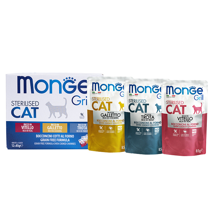 Влажный корм Monge Cat Grill для стерилизованных кошек с телятиной, с курицей, с форелью, бокс с паучами 12 шт х 85 г