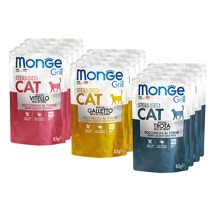 Влажный корм Monge Cat Grill для стерилизованных кошек с телятиной, с курицей, с форелью, бокс с паучами 12 шт х 85 г