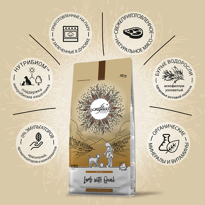 Сухой корм CRAFTIA NATURA для щенков средних и крупных пород из ягненка с перепелкой 10 кг