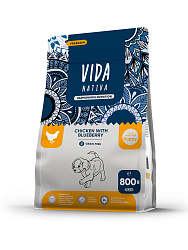 Сухой корм VIDA NATIVA для щенков миниатюрных и мелких пород из курицы с черникой 800 г