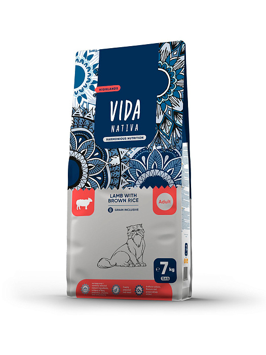 Сухой корм VIDA NATIVA для взрослых кошек из ягненка с бурым рисом 7 кг