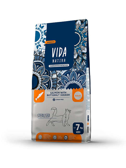 Сухой корм VIDA NATIVA для взрослых стерилизованных кошек из лосося с мускатной тыквой 7 кг