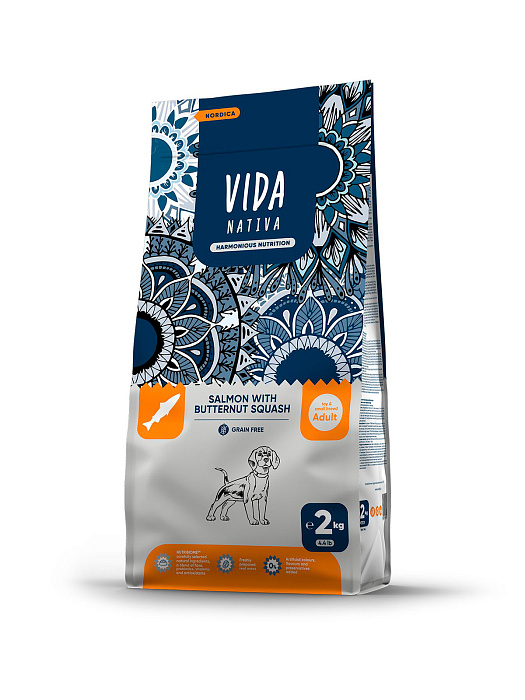 Сухой корм VIDA NATIVA для взрослых собак миниатюрных и мелких пород из лосося с мускатной тыквой 2 кг