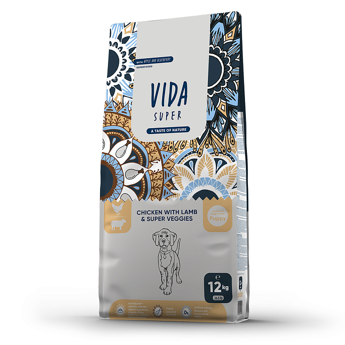 Сухой корм VIDA SUPER для щенков средних и крупных пород из курицы с ягненком и овощами 12 кг