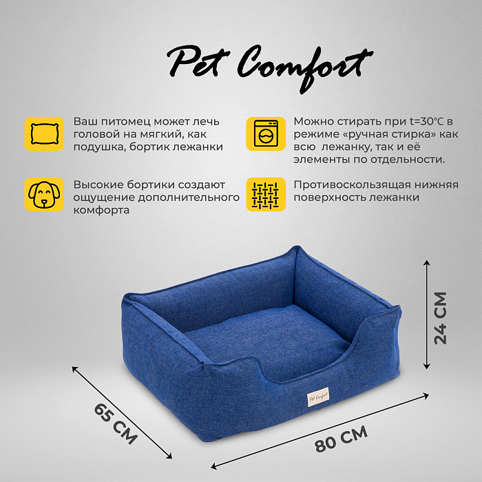 Лежанка Pet Comfort для собак средних пород, Alpha Mirandus 33, размер M, 65х80 см, синий СКИДКА 50%