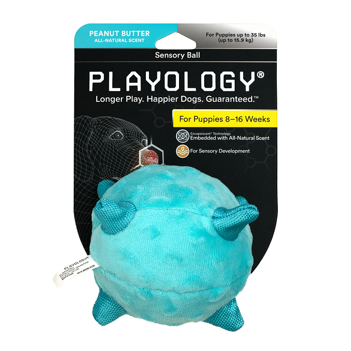 Сенсорный плюшевый мяч Playology PUPPY SENSORY BALL 11 см для щенков мелких и средних пород 8-16 недель с ароматом арахиса, цвет голубой СКИДКА 50%