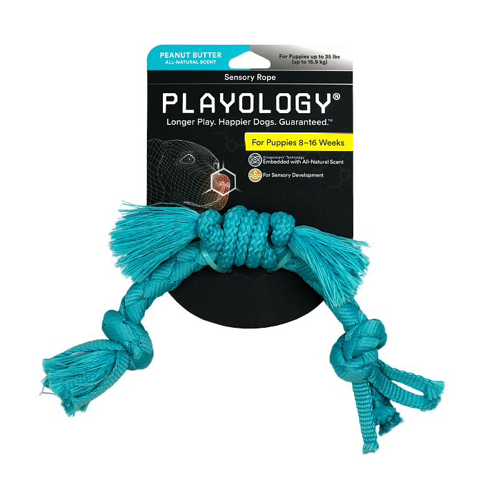 Playology сенсорный канат PUPPY SENSORY ROPE для щенков мелких и средних пород 8-16 недель с ароматом арахиса, цвет голубой СКИДКА 50%