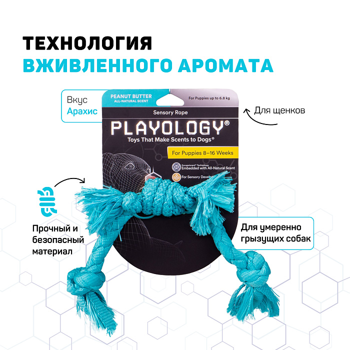 Playology сенсорный канат PUPPY SENSORY ROPE для щенков мелких и средних пород 8-16 недель с ароматом арахиса, цвет голубой СКИДКА 50%