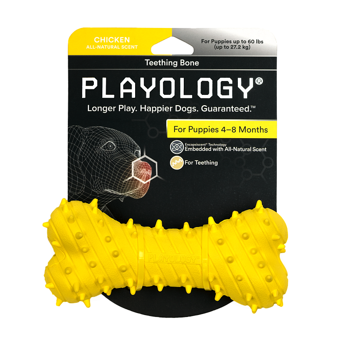 Playology дентальная жевательная косточка PUPPY TEETHING BONE для щенков 4-8 месяцев с ароматом курицы, цвет желтый СКИДКА 50%