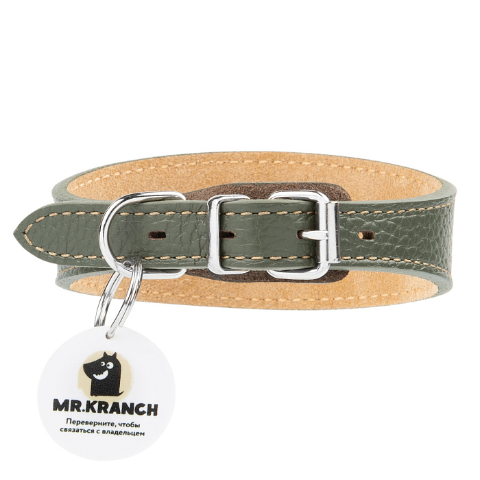 Ошейник-селедка Mr.Kranch для собак из натуральной кожи с QR-адресником 24-30см оливковый СКИДКА 40%