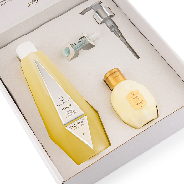 ISB The Best line Набор Orion шампунь для средней шерсти 550 мл, кондиционер 120 мл + парфюм 2 мл в подарок СКИДКА 40%