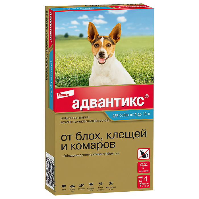 Bayer Адвантикс 100 С для собак 4-10 кг от блох, клещей и комаров (4 пипетки х 1 мл)
